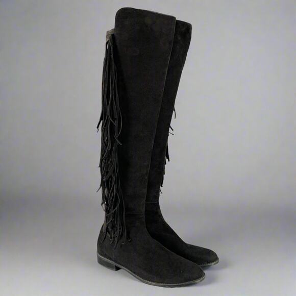 STUART WEITZMAN Size 7.5 Black Nylon Suede Fringe Pull On Boots - Picture 1 of 7